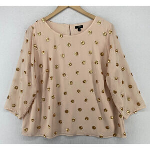 TALBOTS Blouse X Crepe Sequin Polka Dot Round Neck 3/4 Sleeve Back Keyhole Pink